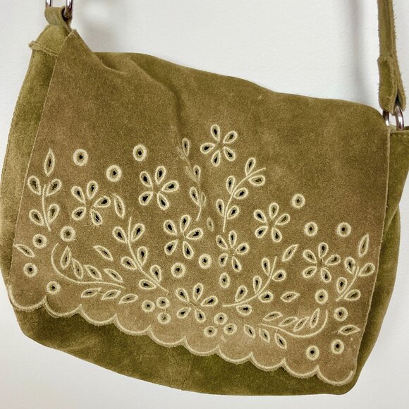 Zara Suede Floral Embroidered Crossbody Bag Olive - Picture 3 of 5